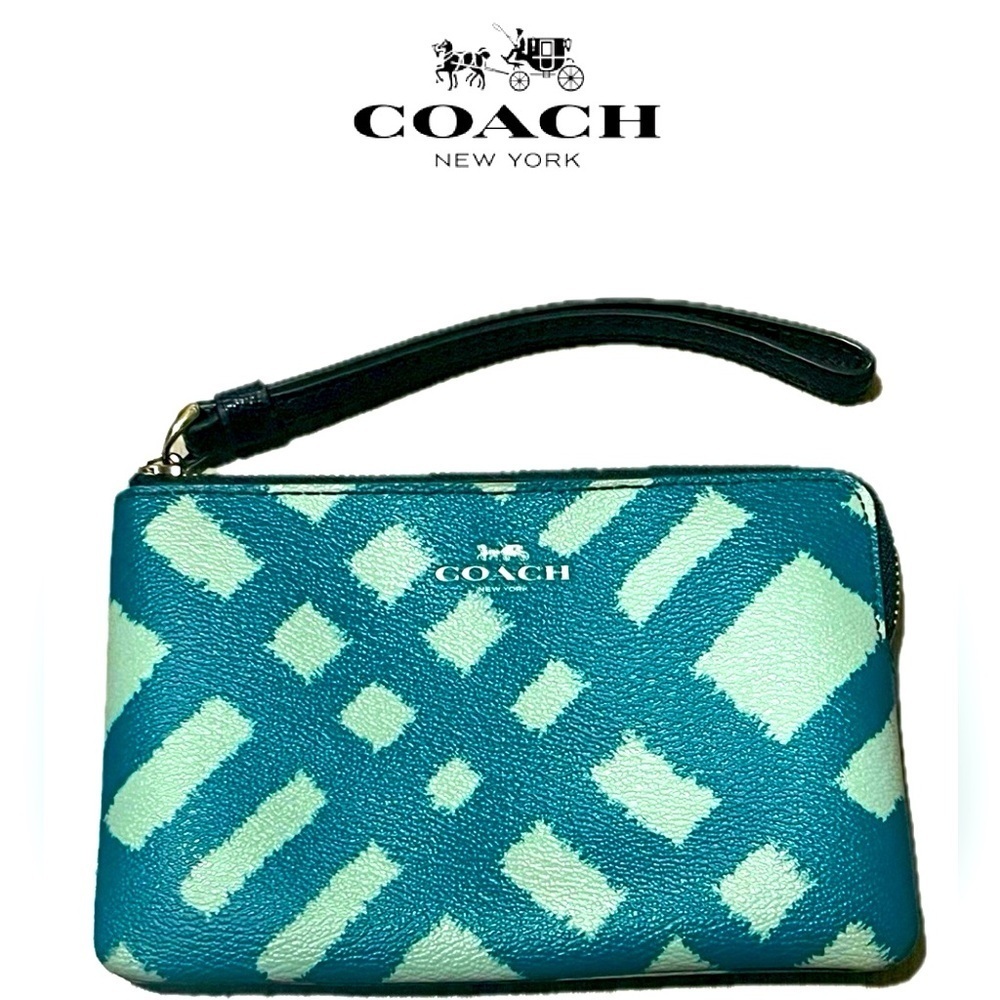 Coach Wild Plaid Print F23715Corner Zip Wristlet, Silver/Blue Multi